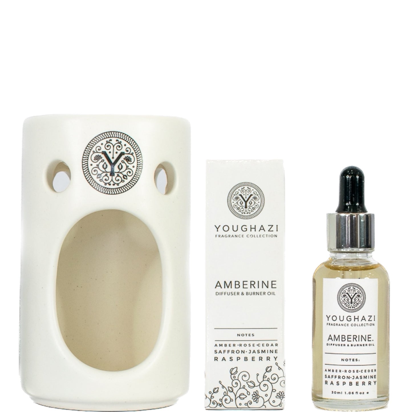 GIFT SET 2: Amberine Diffuser & Ceramic Oil Burner 30ml + White Ceramic Oil Burner + 2 Tea Light Candle