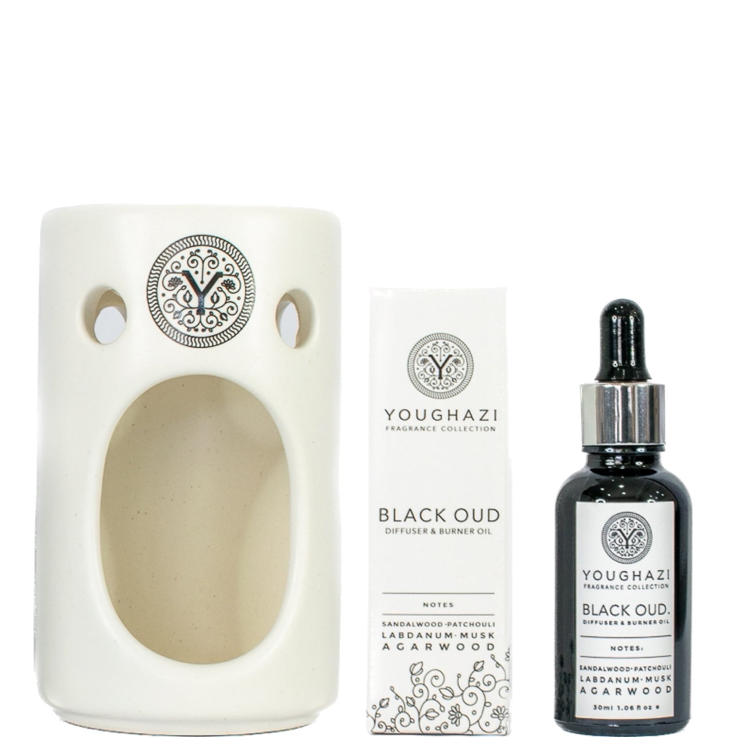 Black Oud Diffuser & Ceramic Oil Burner 30ml + Black Ceramic Oil Burner + 2 Tea Light Candle