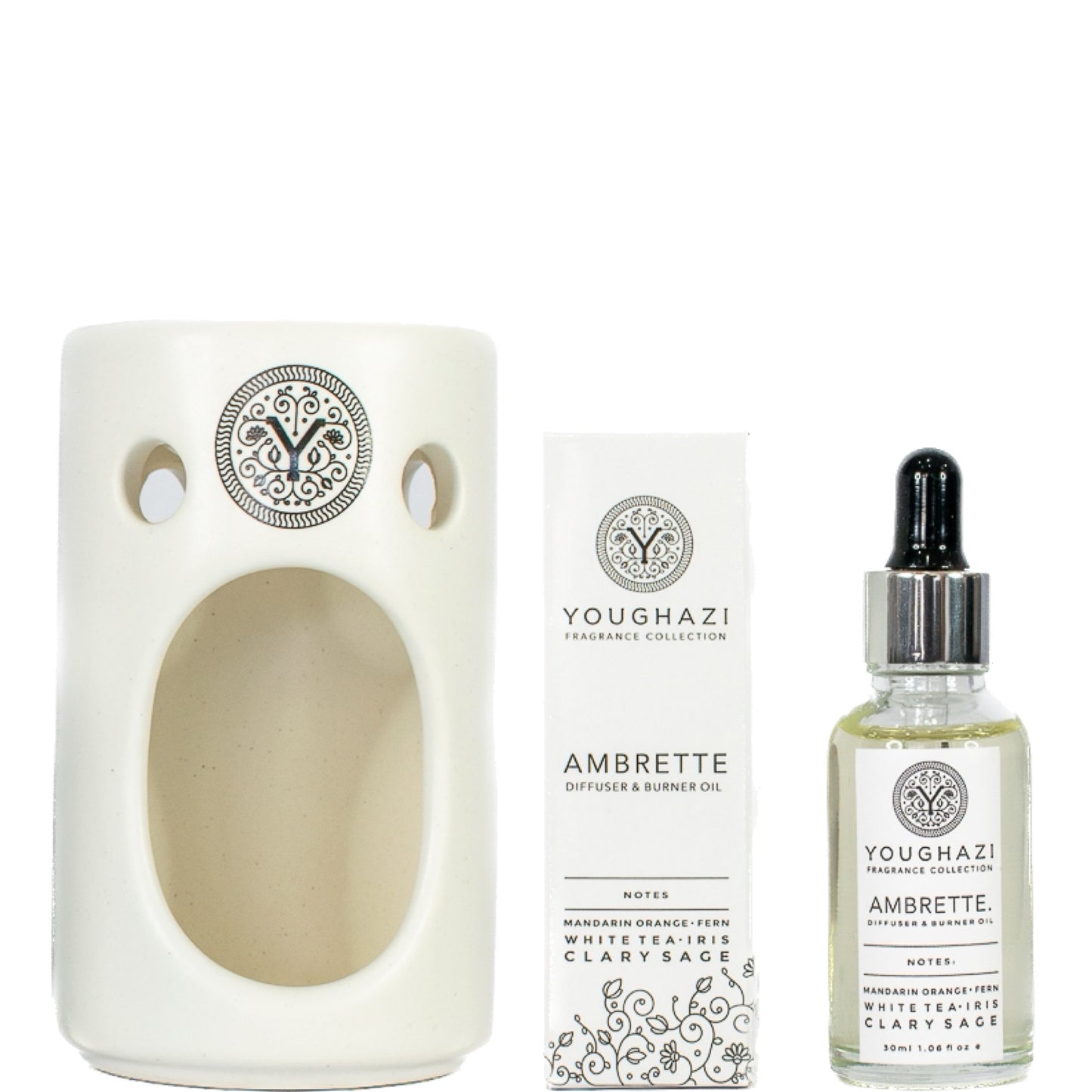 Ambrette Diffuser & Ceramic Oil Burner 30ml + White Ceramic Oil Burner + 2 Tea Light Candle