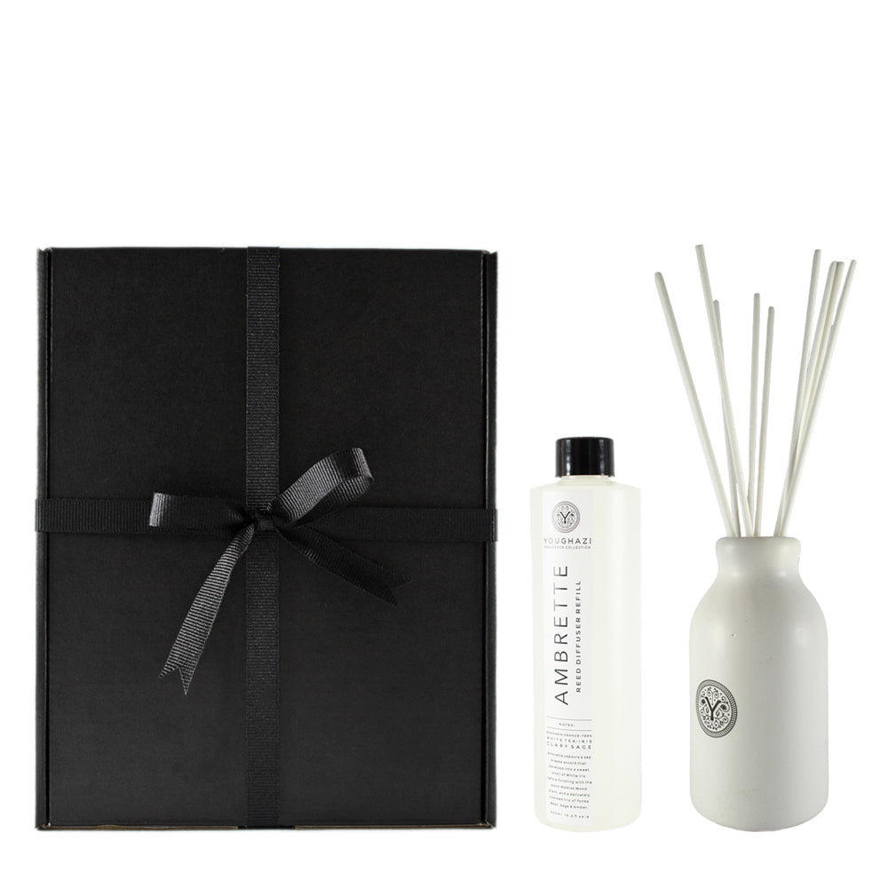 GIFT SET 1: Ambrette Diffuser Refill 300ml + White Ceramic + 10 White Reed Sticks