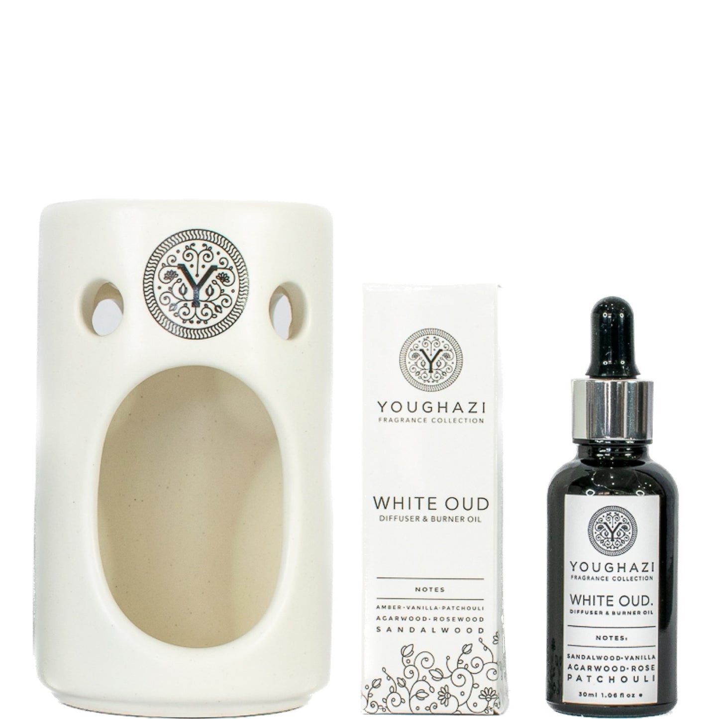 White Oud Diffuser & Ceramic Oil Burner 30ml + Black Ceramic Oil Burner + 2 Tea Light Candle