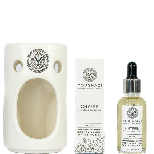 GIFT SET 2: Chypre Diffuser & Ceramic Oil Burner 30ml + White Ceramic Oil Burner + 2 Tea Light Candle