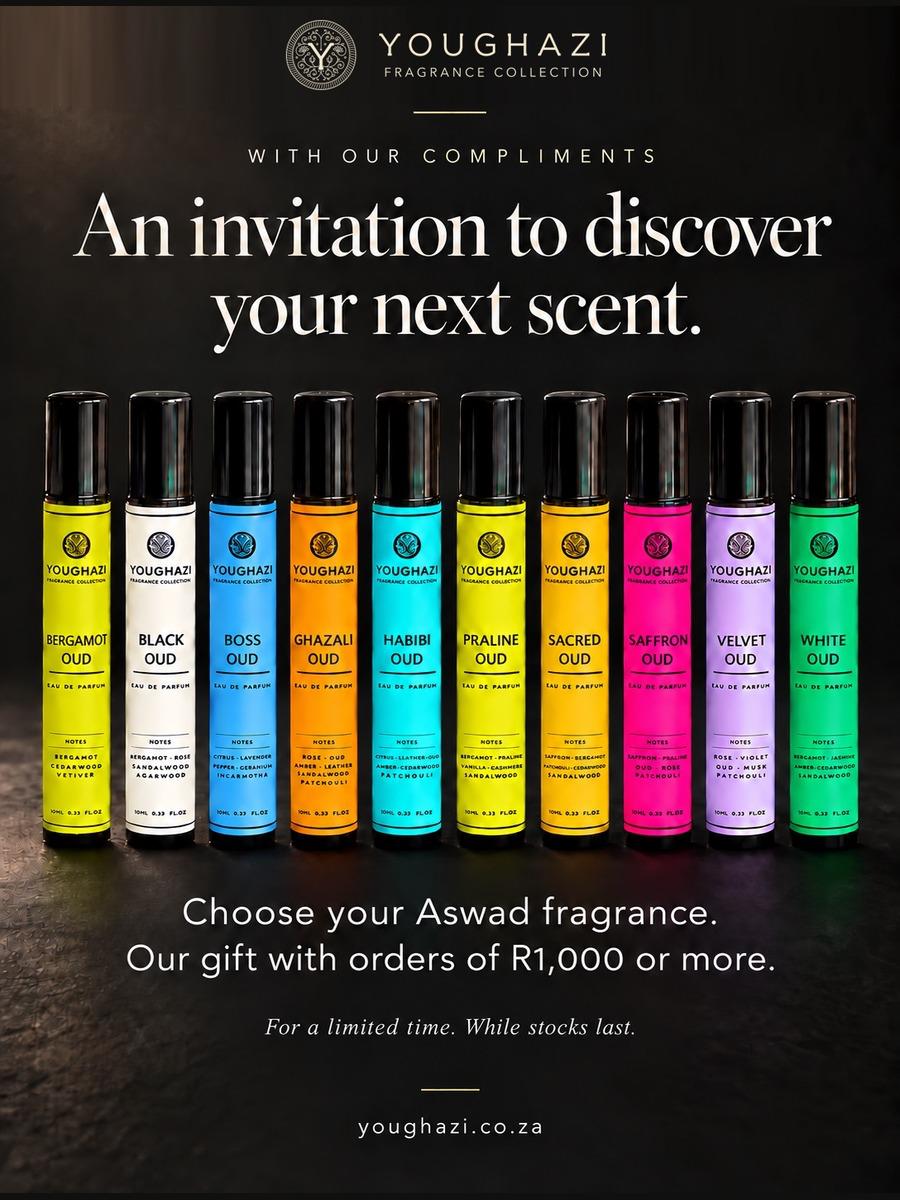 Youghazi: an invitation to discover your next scent. Choose your Aswad fragrance, our gift with orders of R1,000 or more.